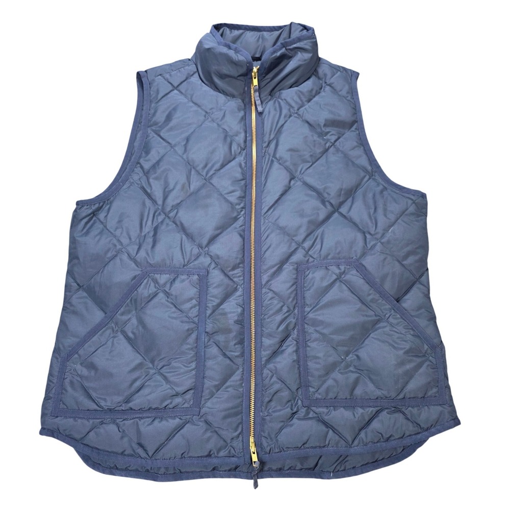 J.Crew Excursion Quilted Down Vest‎ Woman's Size L Navy Gold Zip Puffer Vest